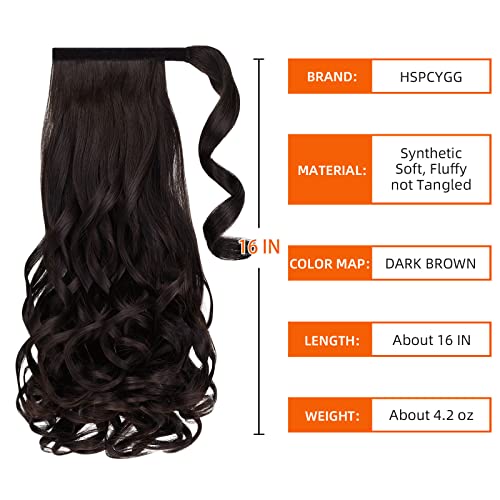 HSPCYGG Extensões de cabelo de rabo de cavalo, cabelo castanho escuro mais escuro cacheado 40,64 cm,