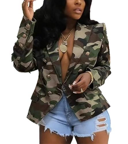 Tbahhir Women's Casual Cropped Camo Blazer Jacket Long Sleeve Camouflage Jackets Y2K Coat Outerwear