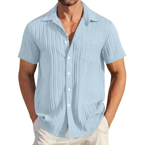 Chemise boutonnée à manches courtes homme coupe droite tissu texturé léger avec poche