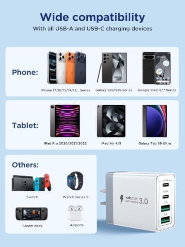 Aioneus USB C Charger Block, 40W Fast Charging Block Type C Charging Block 4-Port Dual Port PD+QC Wall Charger Head Cube for iPhone 17 16 15 14 13 12 11 Pro Max XS, iPad, Samsung Phone, Tablet — view 5