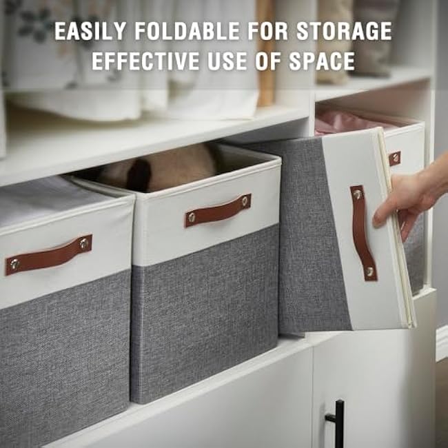 Collapsible Fabric Storage Cube Bins with 2 Reinforced PU Handles, Foldable Storage Organizer Baskets for Closet, Shelves, Living Room | 13x13x13, 4 Pack, Gray & White