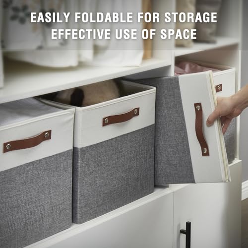 Collapsible Fabric Storage Cube Bins with 2 Reinforced PU Handles, Foldable Storage Organizer Baskets for Closet, Shelves, Living Room | 13"x13"x13", 4 Pack, Gray & White - Image 5