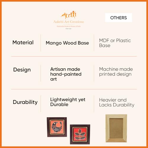 Image of AAKRITI ART CREATIONS Pichhwai Handcrafted Tiles Wall Art Panel, Madhubani Art Wall Hanging Set of 2, Brown and Red Wall Decor | Glossy Finish Ceramic and Wooden | Living Room, Bedroom, Office