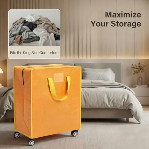 Chiyhshaa Oversized Wheeled Moving Bags, Heavy-Duty Zippered Tote with Handles, Waterproof & Durable Storage Bags with Removable Wheels for Moving, Closet Organization and Storage(24Gal-Orange) by Chiyhshaa - Used condition - Image 3