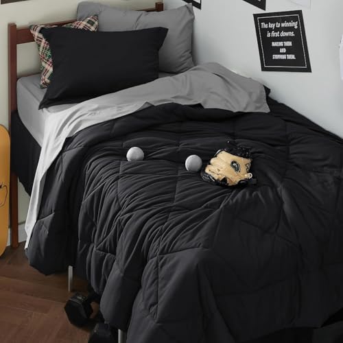 Image of Bedsure Twin Comforter Set - 5 Pieces Reversible Black Bedding, Twin Size Bed Set for All Seasons, Bed in a Bag with Down Alternative Comforter, Sheets, Pillowcase & Sham