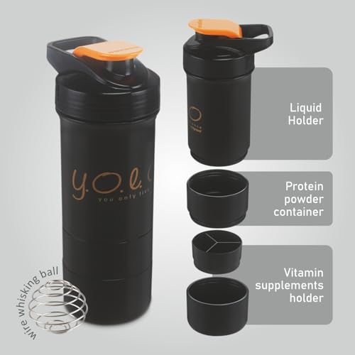 Image of Nayasa Plastic Cross Fit Gym Shaker Bottle | 630ml | BPA-Free Shaker with 2 Storage Compartments | Leakproof Gym Bottle for Protein Shakes | Sports & Fitness Shaker for Men & Women | Black