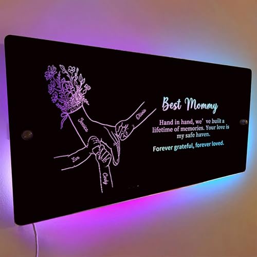 ROSLILY Hand in Hand Personalized Mom and Kids Hands Mirror Light Mothers Day Light Up Mirror with Kids Name Wall Mounted Name Neon Signs for Mom Grandma Bedroom Living Room Decor
