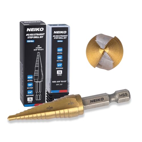 Image of NEIKO 10616A Step Drill Bit, 2 Steps 3 /8 inch to 1 /2 inch Straight High Speed Steel, Titanium Nitride Coated, 1 /4 inch Quick Change Step Bits for Steel, Metal, Wood, Plastic, Unibit Cone Drill Bits, Two Flute