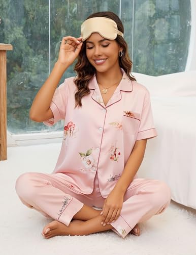 Image of UMBY Silk Satin Pajamas for Women Set 2 Piece button down Soft Silk Pjs Sets Cozy Silky Pajama Short Sleeve