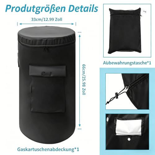 Gasflaschenhülle 11kg 600D Oxford Abdeckhaube mit Doppel-Reißverschluss (Oben & Seitlich), Wasserdicht UV-beständig Schutzhülle für Propangasflaschen, Ø33 x 66 cm, Schwarz