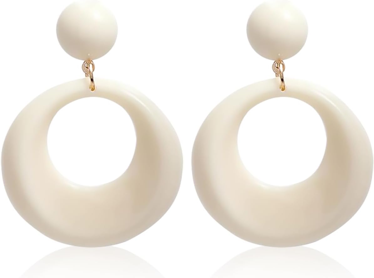 ASIJUNTYECHO 70s Earrings for Women Retro Earrings Acrylic White Circle Dangle Earrings for Women Disco Earrings 70s Jewelry 60s 70s Accessories Groovy Earrings