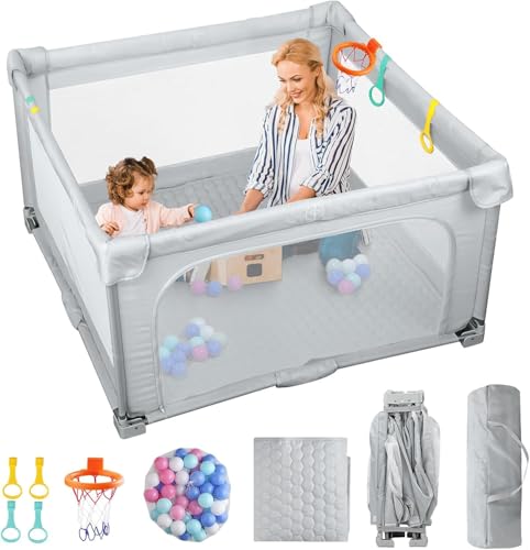 eSynic Corralito Bebé Portátil 127x127cm, Parque Infantil Plegable con Alfombrilla + 50 Bolas, Canasta Baloncesto, Malla Transpirable, 4 Agarraderas y Bolsa Transporte   Juegos Seguros para Bebés