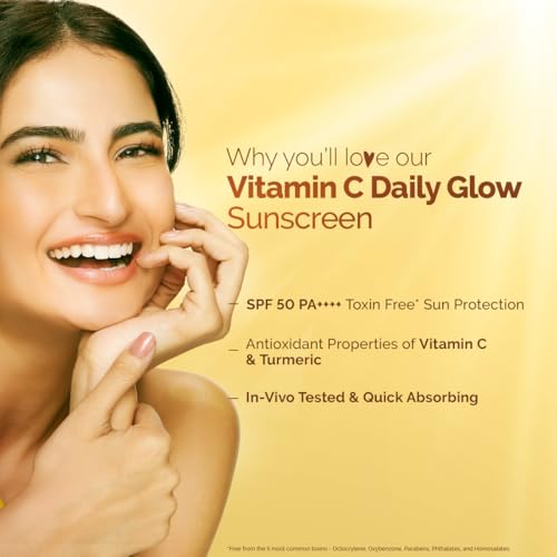 Image of Mamaearth Vitamin C Daily Glow Sunscreen with Vitamin C & Turmeric | For Sun Protection, Tan Protection & Glow | SPF 50 & PA++++ Protection | No White Cast | Lightweight & Non-Sticky | Brightens Skin | In-Vivo Tested | For All Skin Types | 34.5 g