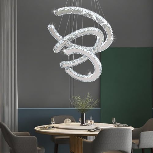 Finktonglan 19.7-Inch 3-Ring C-Shaped Crystal LED Chandelier, Cool White