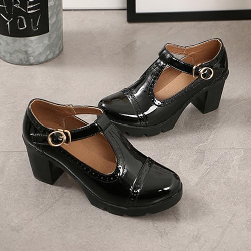 Women's Platform Chunky Heel T-Strap Mary Jane Pumps Shoes Retro Round-Toe Patent Leather Mid Block Heel Brogue Shoes Classic Dress Oxfords Shoes3