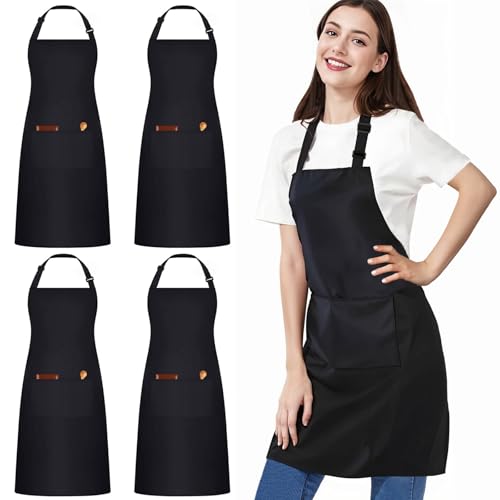 umboom 4 Piezas Delantales Negros, Ajustables Chef Delantales con 2 Bolsillos para Hombre Mujer Camarero, Delantal de Ttrabajo para Cocina, Restaurante, Jardín, Pintura, Repostería (Impermeables)