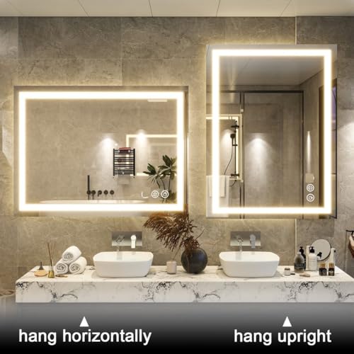 Image of LED Bathroom Mirror with Front Light | 3 Color Modes, Dimmable, Defogger & Memory Function | Modern Vanity Wall Mirror (60X90 CM)
