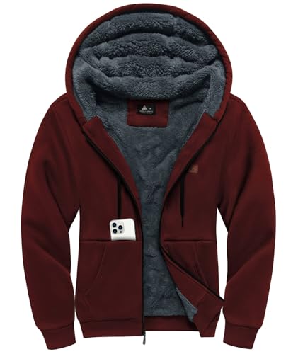 Image of Little Beauty Fleece Hoodies for Men Winter Thick Jackets Sherpa Lined Zip Up Sweatshirt With Kanga Pocket