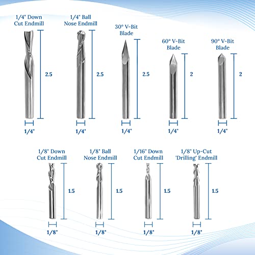 Idc Woodcraft Complete Set Of Essential Cnc Router Bit Set, 9 Router Bits With 1/4-Inch Shank, 2 Reducing Collets, 1 Surfacing Bits, Wood Carving Detail Profile, V Groove Engraving Solid Carbide | 1/4 Router Bit Set | Best Router Tools For Cnc Woodworking Mill #TOP1