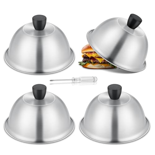 TEAMFAR Burgerglocke 4 Stück Edelstahl Burger Glocke Grillglocke Burgercover mit Hitzebeständig Silikongriff Klein Burgerhauben Schmelzglocke für Grill Teppanyaki & Küche Kochen Innen & Außen