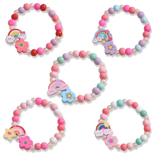 Glowjoy 5 Stück Regenbogen Perlen Armband, Mädchen Schmuck Perlen Armband, Bunte Holz Blumen Schmuck, für Weihnachten Party Mitgebsel Kindergeburtstag Mädchen Kleine Geschenke Kinder