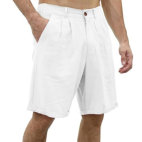 seiveini Pantalones Cortos para Hombre Algodón y Lino Casual de Verano Shorts Playa con Bolsillos Deportes Joggers con Cordones Bermudas Casual de Lino para Hombres D Blanco L