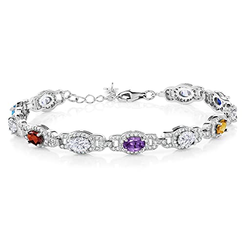 Gem Stone King 925 Sterling Silver Customized and Personalized 11-Stone Gemstone Birthstone and White Created Moissanite Tennis Bracelet For Women (7-Inch with 1 Inch Extender)