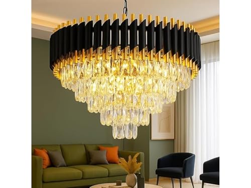 Image of Modern 4-Tiers Crystal Pendant Light Black Gold Round Ceiling Light Fixture (Antique, 500mm), 3 Colors Led Plate Included Warm White, Natural Light, Chandelier Light (L-50*B-50*H-75 Cm) A