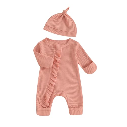 Image of Ayalinggo Newborn Baby Girl Outfit Clothes Knit Onesie Ruffle Romper Infant Take Coming Home Outfit For Baby Girl (Hat Ruffle Pink, Newborn)