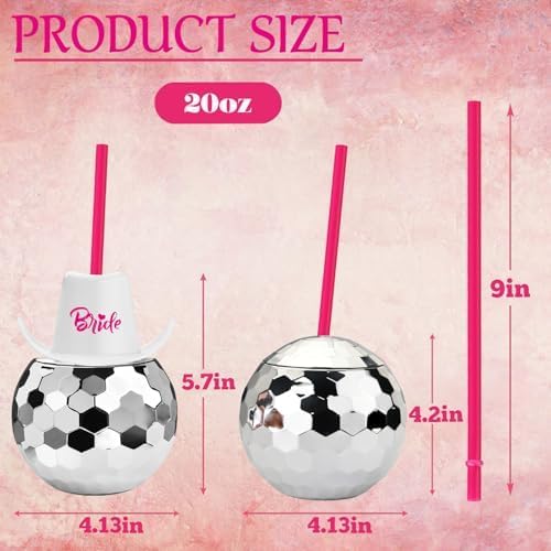 9 Pack Disco Ball Cups, 20 Oz, 8 Silver Cups and 1 Bride Cowboy Hat Cup
