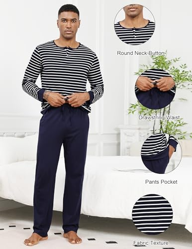 Men's Pajama Set 100% Cotton Mens Pjs Sets Long Sleeve Stripped Top and Pants Sleepwear Lightweight Soft Loungewear4