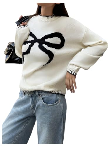 Image of BEAUDRM Women's Bow Graphic Knitted Sweater Crew Neck Long Sleeve Colorblock Pullover Knitwear Beige Large