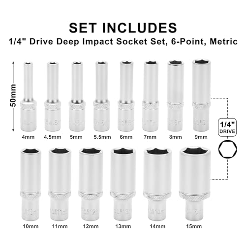 Jeu de douilles à impact profond Mayouko 1/4" 6 pans en acier CR-V de 4 à 15 mm