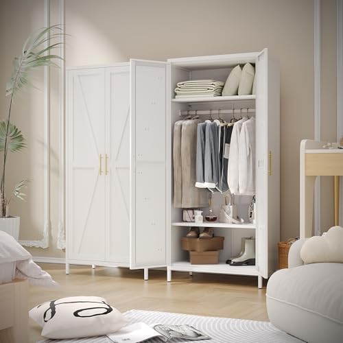 Image of Aobabo 2 Door Metal Wardrobe Cabinet with Hanging Rod, Metal Wardrobe Closet with 2 Adjustable Shelves, Storage Lockers for Home,Office,Installation Required, White