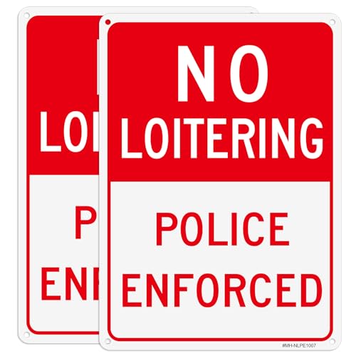No Loitering Sign, 2 Pack 10'' x 7'' No Loitering Police Enforced Aluminum Signs, No Loitering Sign for Business, Rust Free, Weather Resistant- Easy to install