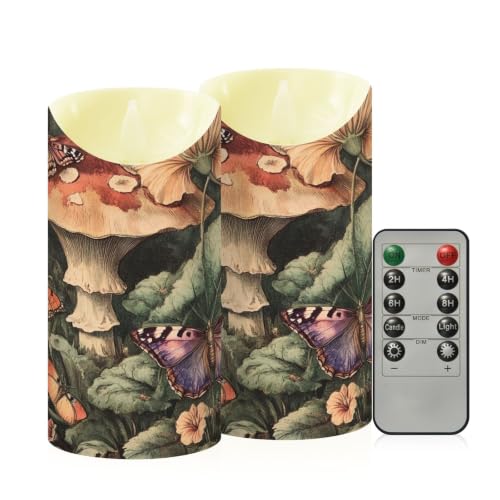 Ewusp Juego de 2 velas LED parpadeantes sin llama con diseño de mariposa de hongo con control remoto y temporizador, para decoración del hogar, bodas, vacaciones, fiestas, centros de mesa