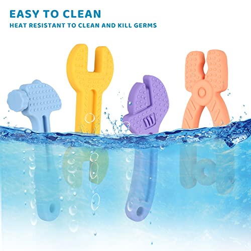 Fu Store 4 Pack Soft Silicone Teething Toys for Toddlers Infant Hammer Spanner Wrench Pliers Tools Shape Baby Teethers Relief Soothe Babies Gums Set (Hammer Set)