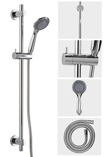 Croydex Flexi-Fix Chrome Shower Head and Hose Set with Riser Rail - Shower Handset with 3 Spray Patterns, 800mm Rail, Reinforced 1500mm Shower Hose, Universal Holder, Water Saving, Rub Clean Nozzles