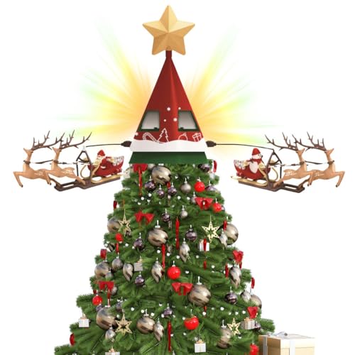 Glac Store Puntale per Albero di Natale Rotante Natalizio con Slitta Rotante, Renne, Pupazzo di Neve e Babbo Natale Musica led e suoni