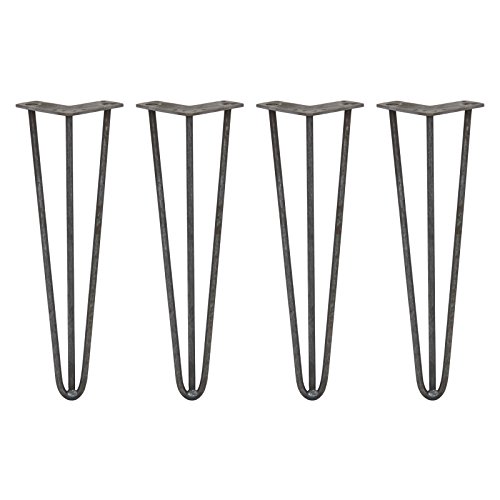 Image of 4 x Hairpin Legs/Hair Pin Legs Set SkiSki Legs Furniture Desk Bench Chair Table 16" 3 Prong 10mm Raw Steel & Protector Feet
