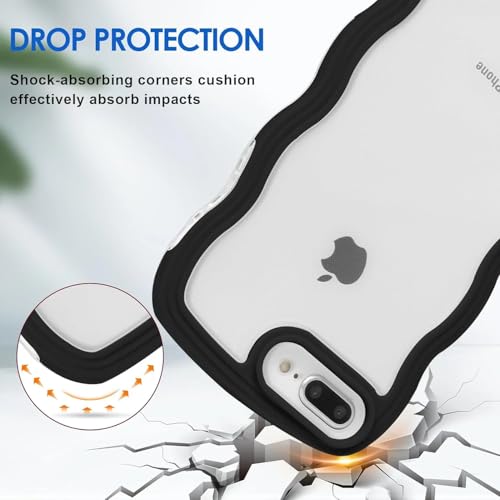 Image of GoldKart iPhone 7 Plus / 8 Plus Case Wavy Edge Clear Back Design, Anti-Slip Grip Cute Wave Curly Frame Shape Shockproof Soft TPU & Hard PC Bumper Protective Phone Case Cover for Women Girls - Black