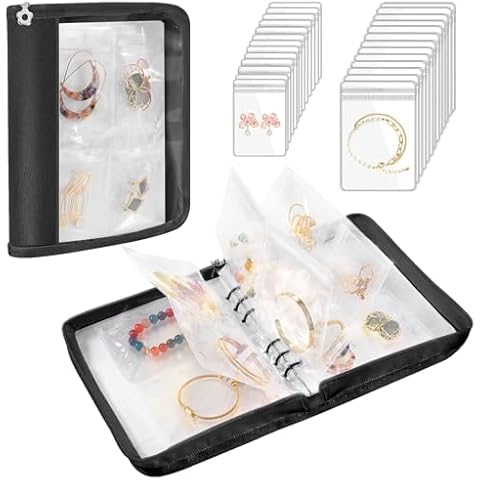 Emibele Travel Jewelry Organizer Case, Jewelry Storage Book Transparent Jewelry Binder with 96 Portable Anti Tarnish Clear Zippered Pouch Bags for Necklaces Bracelet Earrings Rings, Black Cover