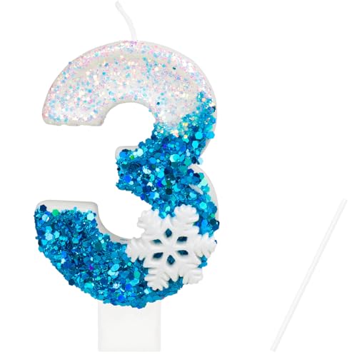 3.34 inch Birthday Candles Number 3 Candle, Elsa Themed Birthday Party Decorations, Snow Themed Extra Large Birthday Candles for Cake, Blue White Birthday Candles Cake Toppers Birthday Party Supplies