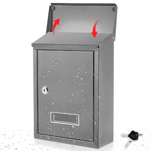 Amylove Lockable Mailbox Wall Mounted Suggestion Box with 2 Keys Metal Donation Box Safe Ballot Box with Slot for Office Charity Cards Money Voting Collection, 8.3'' l x 11.8'' H x 2.8'' W(Gray)