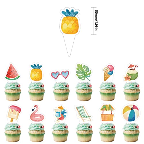 Xiliconie 24 Pcs Summer Beach Cupcake Toppers, Hawaiian Party Cake Decoration Pool Themed Watermelon Pineapple Ice Cream Flamingo Ball Goggles Chair For Wedding Baby Shower Birthday Party Supplies #TOP1