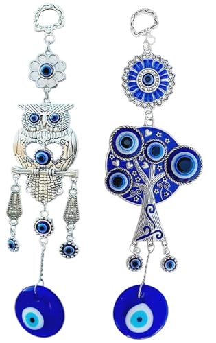 Image of Evil Eye Hanging Owl and Tree of Life Nazar Battu for Home House Entrance Protection, Wall Hanging Decorative Items for Good Luck Charm and Prosperity, Housewarming Gift, Set of 2