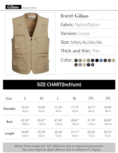 Gihuo Men's Fishing Vest Utility Safari Travel Vest with Pockets Outdoor Work Photo Cargo Fly Summer Vest (XX-Large, Khaki)