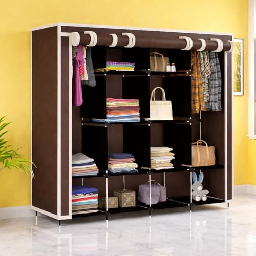 Image of Whitecloud 12-Shelf Collapsible Wardrobe | Portable Foldable Almirah with Fancy Layer Racks | Brown Cloth Storage Cupboard with Plastic Frame Organizer (Model 88370)