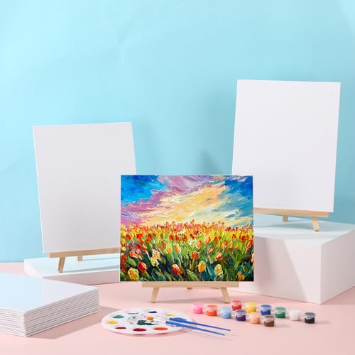 MotiMind 36 Pcs Mini Canvas and Easel Set for Painting, 8 x 10 Inch Canvas Panels with 9 Inch Wooden Easels for Oil Acrylic Painting Christmas Birthday Valentine\'s Mother\'s Day Art Crafts Party Favors
