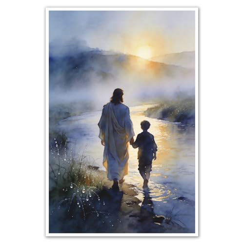 Religious Scripture Canvas Art - Jesus And Boy Walking Together By The Misty Riverbank Meaningful Spiritual Print for Church Office - Creating Spiritual Atmosphere for Devotion